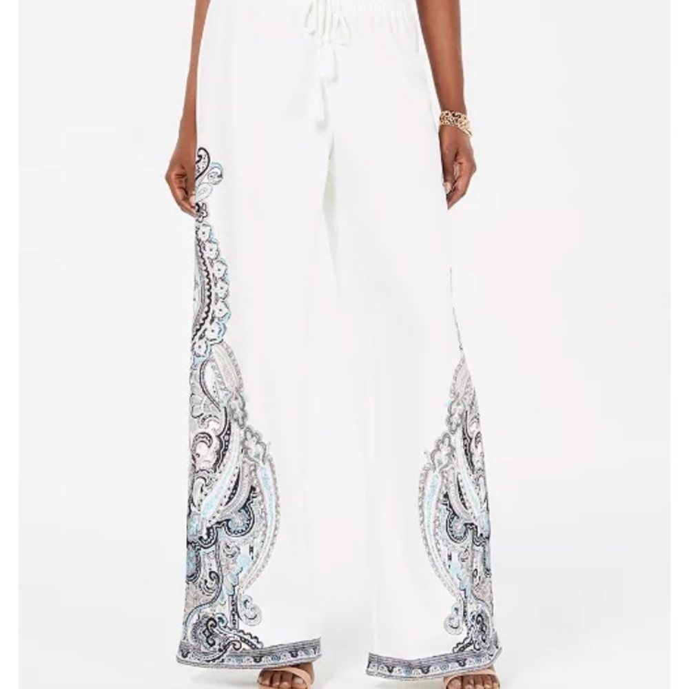 INC Printed Wide-Leg Pants, White, NWT B5